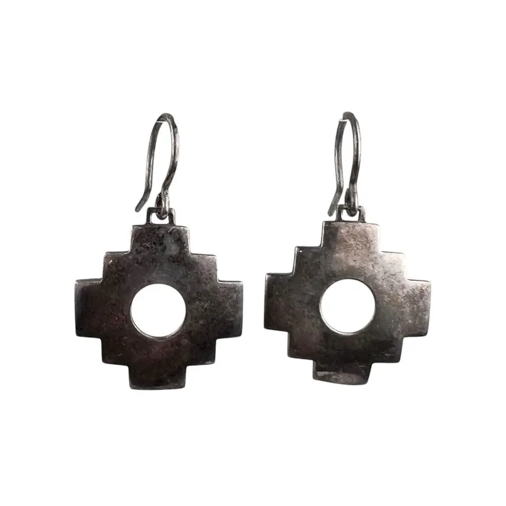 Vintage Sterling Silver Hook Pierced Earrings Chakana Cross Unmarked